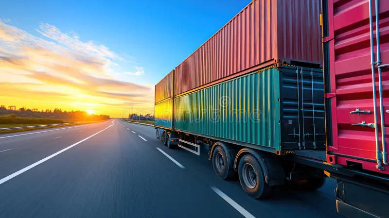Freight container truck on highway at sunrise